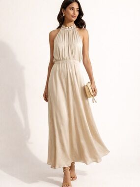 NWT Elie Tahari | Ruffled Halter Maxi Dress Soft Beige Champagne Size 12